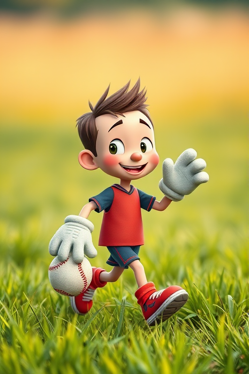 Create a playful illustration of a cartoonish character with oversized gloves and exaggerated features, walking confidently with a ball, set against a vibrant grassy background, captured with a Canon EOS R5, 50mm lens, f/1.8 aperture, ISO 100, and a shallow depth of field for a dreamy effect.