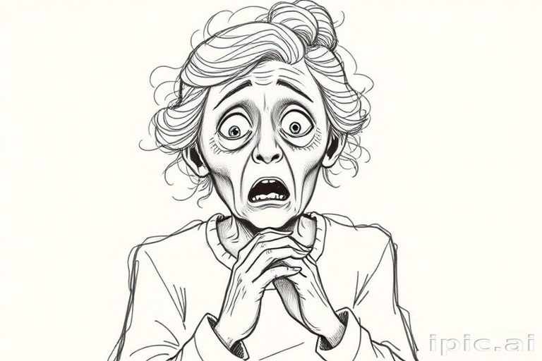 scribbly unfinished sketch, old lady with messy gray hair in a loose bun, surprised expression, mouth open, hands clasped together in front of her chest. Her eyes are wide, eyebrows are furrowed. vibe of shock or surprise.