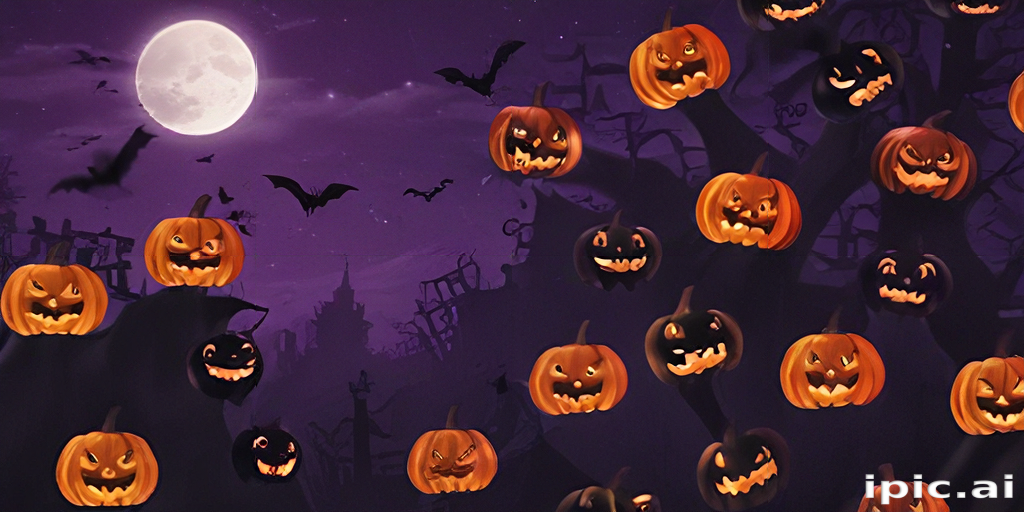 Spooky Halloween Night Scene with Grinning Pumpkins and Flying Bats