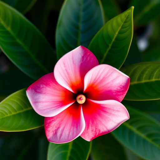 high-resolution image of a plumeria flower with green leaves, top-down view, soft focus, focal length 50mm, aperture f/2.8, ISO 100, digital camera, vibrant colors, high contrast