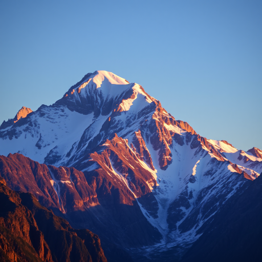 Mountain landscape with snow-capped peak, captured at sunrise, 35mm lens, f/11 aperture, ISO 100, HDR technique, wide-angle view, DSLR camera.