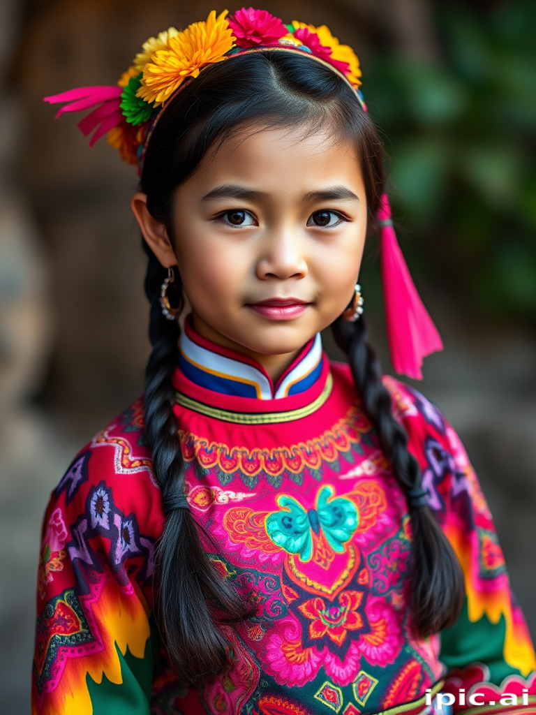 A beautiful Miao girl, wearing colorful bird clothing with vibrant colors