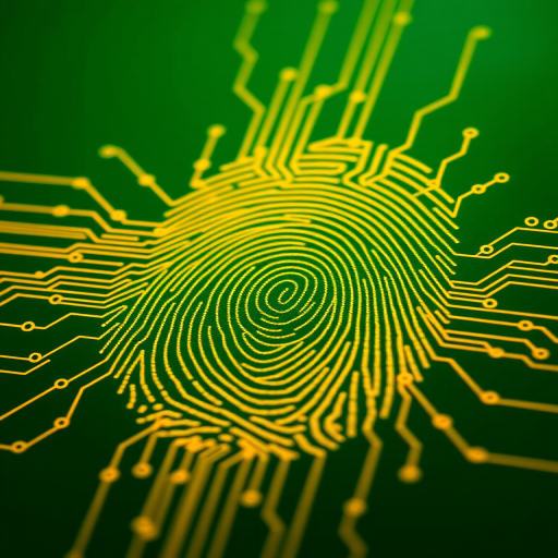 Create a digital artwork of a fingerprint made of yellow circuit lines on a green background, using a 50mm lens, f/2.8 aperture, ISO 100, captured in macro photography style with a full-frame DSLR camera.