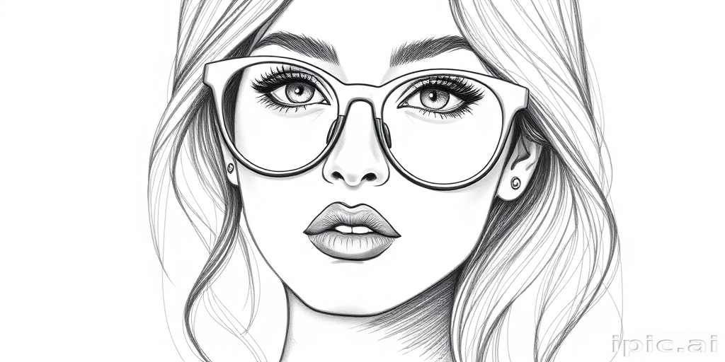 hot mia khalifa, pencil sketch, portrait of beautiful woman 60s in glasses, hair style beatnik, outline, clear lines, fine lines, 8k