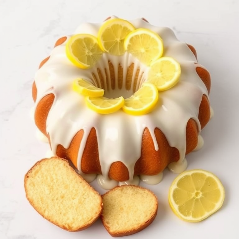 A beautifully decorated lemon bundt cake with a glossy white icing drizzled in a spiral pattern topped with bright yellow lemon zest slices and several slices of the cake cut and arranged beside it, all set on a light marble background.