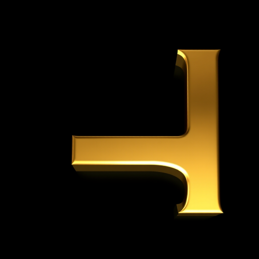 Create a hyper-realistic 3D rendering of a shiny gold letter I on a black background, using a DSLR camera with a 50mm lens at f/1.8 aperture, ISO 100, 1/200 sec shutter speed, top-down view, and soft studio lighting to enhance reflections and details.
