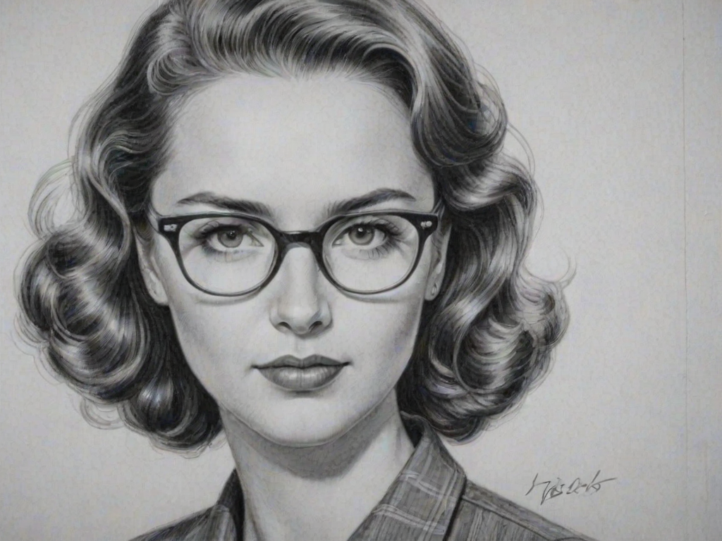 Comely Kaitlyn Maher, pencil sketch, portrait of Appealing woman 1946s in glasses, hair style beatnik, outline, clear lines, fine lines, 8k
