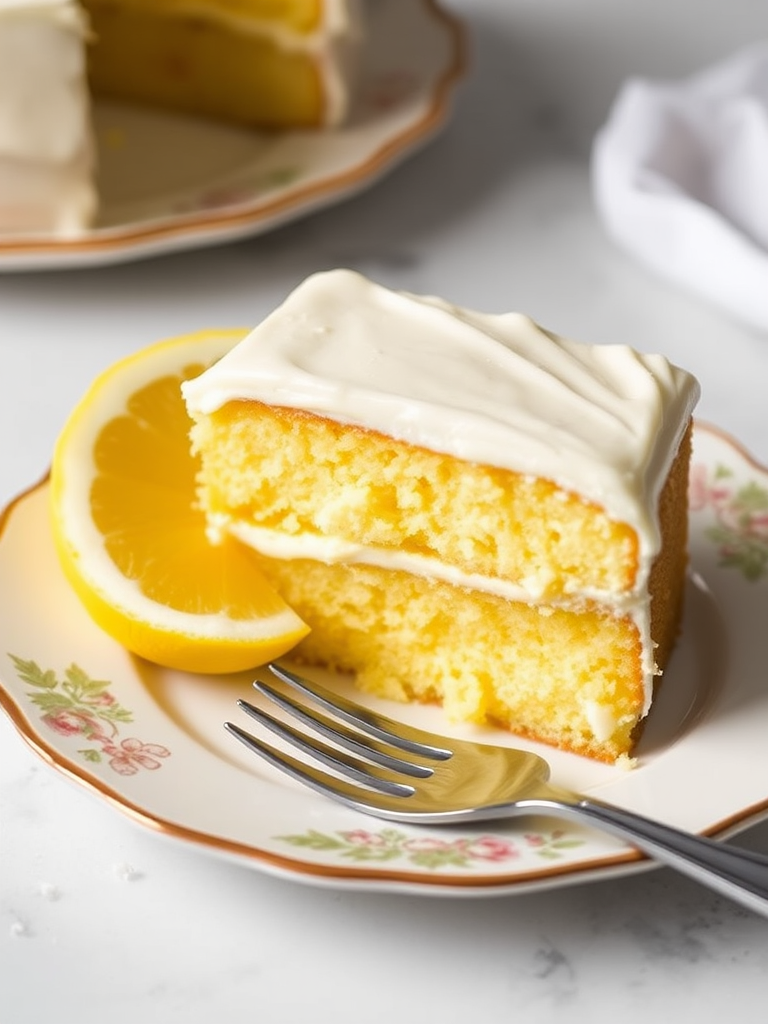 A slice of moist lemon cake with creamy filling and frosting served on a decorative plate alongside a lemon wedge, with a fork resting on the plate.