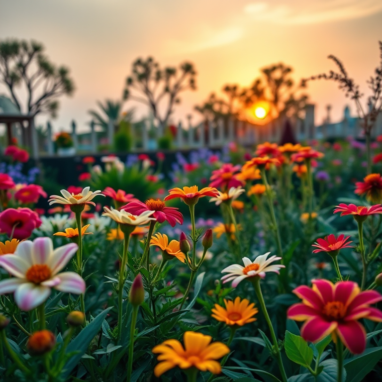 Generate a high-resolution image of a whimsical garden scene during sunset with vibrant flowers and a clear sky, captured with a DSLR camera at f/2.8, ISO 100, shutter speed 1/250s, wide-angle lens, and a soft focus effect to enhance depth.