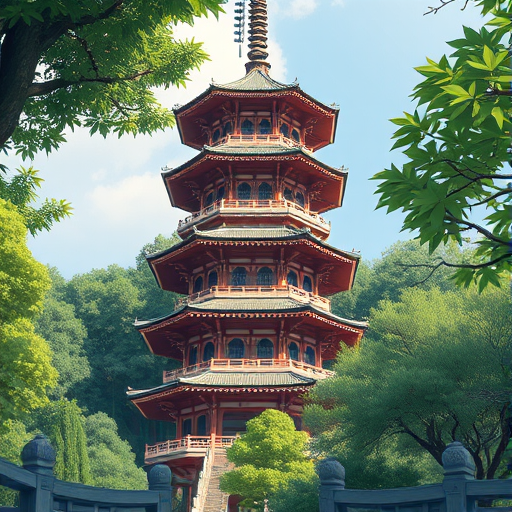 Create a detailed digital illustration of a multi-tiered pagoda surrounded by lush greenery, capturing intricate architectural details and soft shadows, shot with a Canon EOS R5, 35mm lens, f/8 aperture, ISO 100, and a shallow depth of field for enhanced image quality.