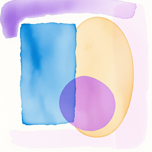 Create a vibrant abstract watercolor composition featuring a textured blue rectangle, a soft purple circle, and a warm beige oval, captured with a 50mm lens at f/1.8 aperture, ISO 100, shot in natural light for a smooth, high-quality finish.
