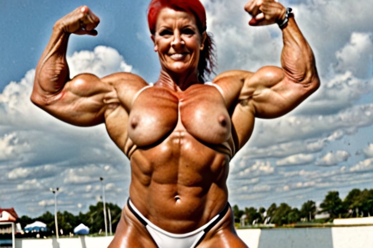 Free Ai Image Generator - High Quality and 100% Unique Images -  —  Mature lady bulky bodybuilder, punk, oiled, tattoos, flexing huge biceps