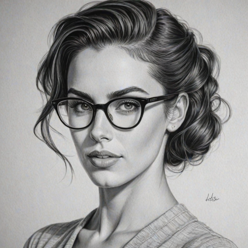 Graceful Jessica Lowndes, pencil sketch, portrait of Appealing woman 1953s in glasses, hair style beatnik, outline, clear lines, fine lines, 8k