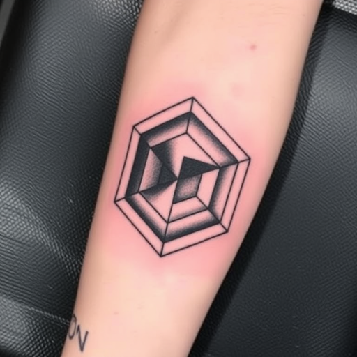 Mesmerizing optical illusion tattoo on the forearm, creating a three-dimensional cube pattern that appears to shift and move, utilizing precise linework and shading to achieve the mind-bending effect