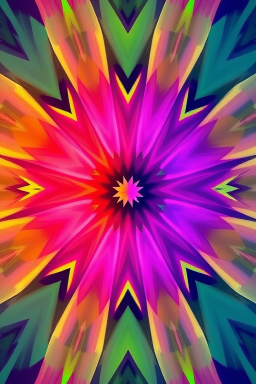 Create a vibrant and colorful abstract geometric pattern, captured with a DSLR camera at ISO 100, f/8 aperture, 1/250s shutter speed, using a wide-angle lens from a top-down perspective to enhance depth and detail.