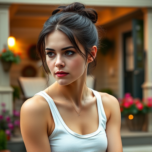 A photo of Kristen Stewart with a background of a cozy porch. She has dark hair pulled back in an updo, with tendrils framing her face. She wears a white tank top and sits on the porch. The porch is part of a well-lit home with a warm, earthy tone and colorful flowers and foliage. The overall scene has a warm, welcoming, and comfortable ambiance.