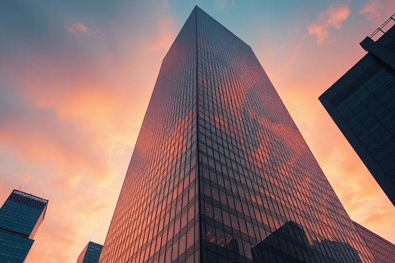 high-angle shot of a modern glass skyscraper with a focus on its corner detailing during sunset, ISO 100, aperture f/8, shutter speed 1/200s, using a DSLR camera with a wide-angle lens
