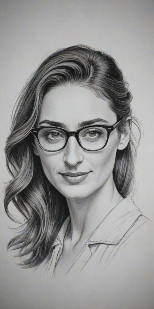 Enticing Sara Bareilles, pencil sketch, portrait of Attractive woman 1956s in glasses, hair style beatnik, outline, clear lines, fine lines, 8k
