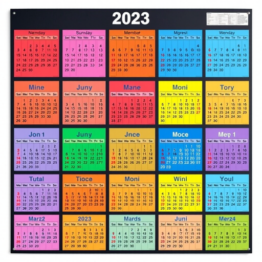Create a high-resolution image of a colorful wall calendar for the year 2023, displaying each month in a grid layout with clear, legible dates, using a Canon EOS 5D Mark IV, aperture f/4, shutter speed 1/125s, ISO 100, shot from a top-down view to emphasize clarity and organization.