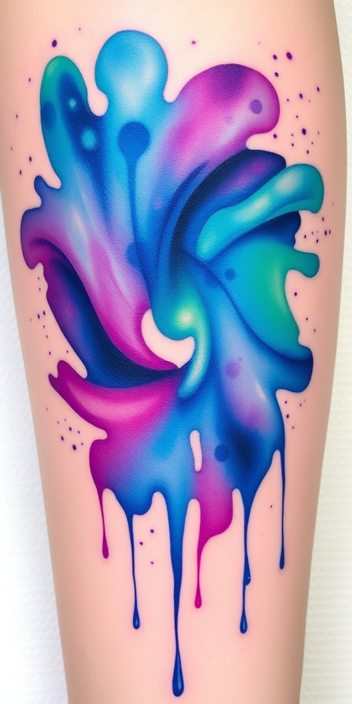 Vibrant watercolor splash tattoo called "Chromatic Cascade" featuring a mesmerizing blend of vivid blues, purples, and greens that seamlessly flow together, creating an abstract and ethereal design reminiscent of a cosmic nebula, with delicate splatters and drips adding texture and depth to the overall composition, perfect for those seeking a unique and artistic expression on their skin.