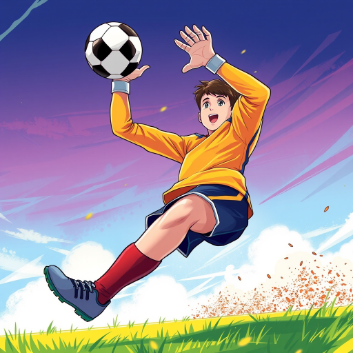 Create an illustration of a young male soccer goalkeeper leaping to catch a soccer ball, captured from a dynamic low-angle view, using vibrant colors and detailed line work, high resolution 300 DPI, with a focus on action and expression.