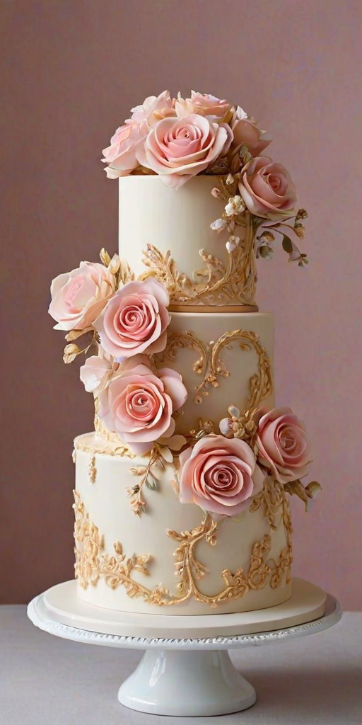 Create an elegant cake decorated with intricate sugar flowers in shades of pink and cream. Incorporate various sizes of roses and small blossoms, along with delicate golden beads for added detail. The cake should have a smooth, pastel pink frosting and an overall sophisticated appearance.