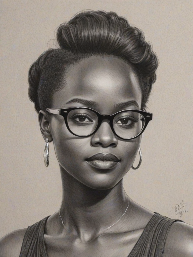Comely Lupita Nyong'o, pencil sketch, portrait of Enchanting woman 1961s in glasses, hair style beatnik, outline, clear lines, fine lines, 8k