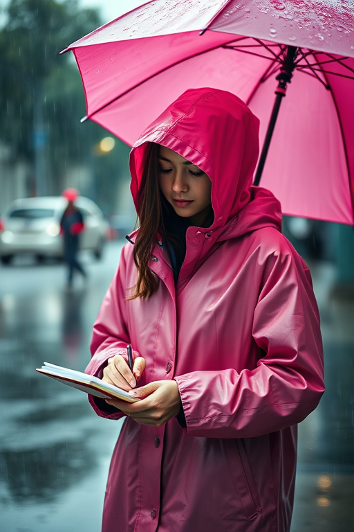 Generate an image of a young woman in a pink raincoat and pink umbrella, standing in the rain while writing in a notebook, captured with a Canon EOS R5, 85mm lens, f/1.8 aperture, ISO 100, shot from a low angle for dramatic effect, emphasizing the depth of rain and soft lighting for a moody atmosphere.