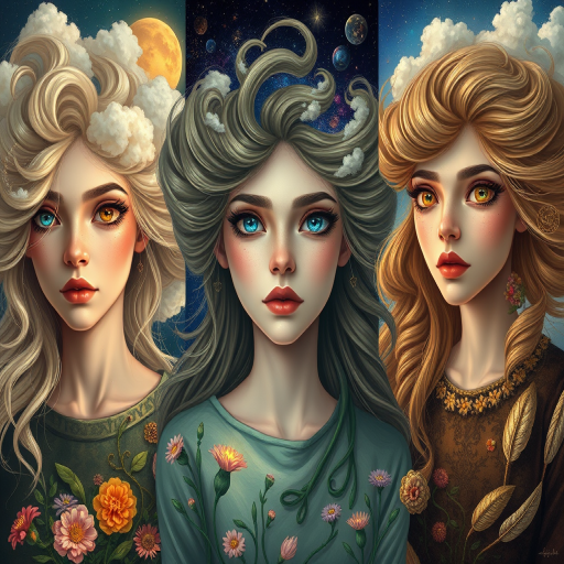 Create a series of imaginative portraits where each subject is infused with elements of fantasy and nature. The hair of the individuals should flow like clouds, varying from soft, fluffy cumulus to wispy cirrus strands, with hints of color reflecting a sunset or a clear blue sky. The eyes should be windows to entire galaxies, with stars, nebulae, and distant planets visible within them. Clothing should be adorned with nature motifs, such as floral patterns that bloom and change, vines that seem to grow and wrap around, or feathers that shimmer with iridescence. Each portrait should capture a unique personality, blending human features with the ethereal beauty of the natural and cosmic world. The backgrounds can vary, from starry night skies to enchanted forests, adding depth and context to the magical realism of the portraits