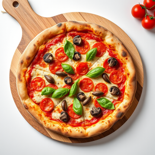generate an image of a freshly baked pizza topped with pepperoni, mushrooms, and basil leaves on a wooden pizza board with a white background, taken with a DSLR camera at f/4 aperture, 1/60 shutter speed, ISO 100, top-down view, and natural lighting to enhance image quality.