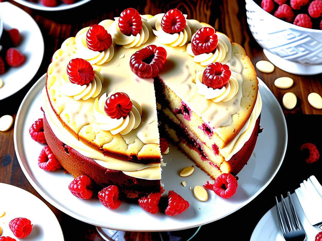 white chocolate raspberry almond cake
