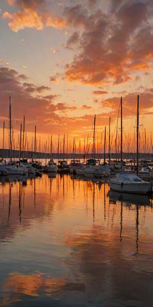Sunset over a quiet harbor, boats gently rocking in the water, the sky ablaze with warm colors, and the distant sound of gulls echoing in the air.