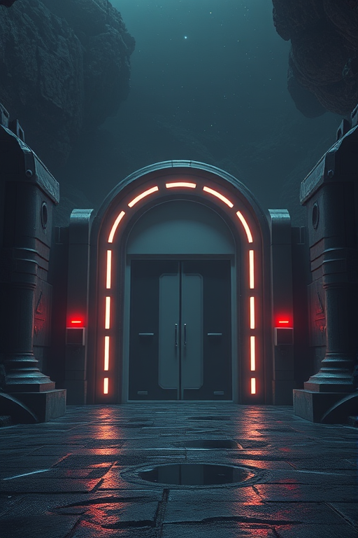 A sci-fi scene, no humans, with a closed gate, gate_prop