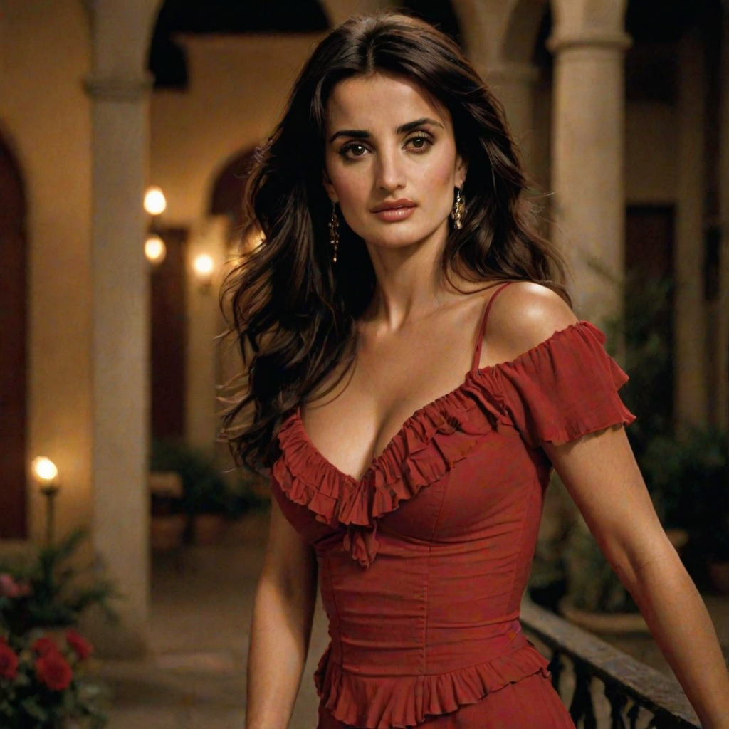 Alluring photograph of Penelope Cruz, celebrated for her performances in "Vicky Cristina Barcelona" and "Volver," capturing her sultry gaze, long dark hair, and full lips, dressed in a flamenco-inspired red dress with ruffles, posed gracefully in a dimly lit Spanish courtyard.