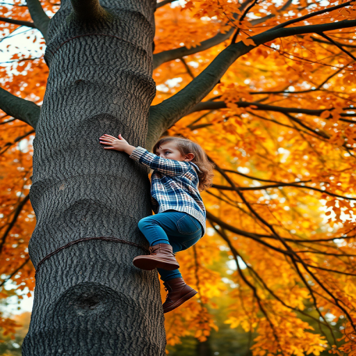 Create a high-resolution image of a child climbing a tree, captured from a low angle to emphasize the height, using a Canon EOS R5 with a 50mm lens, aperture set to f/2.8 for a shallow depth of field, ISO 200 for optimal light, and a soft focus to enhance the dreamy quality amidst vibrant autumn foliage.