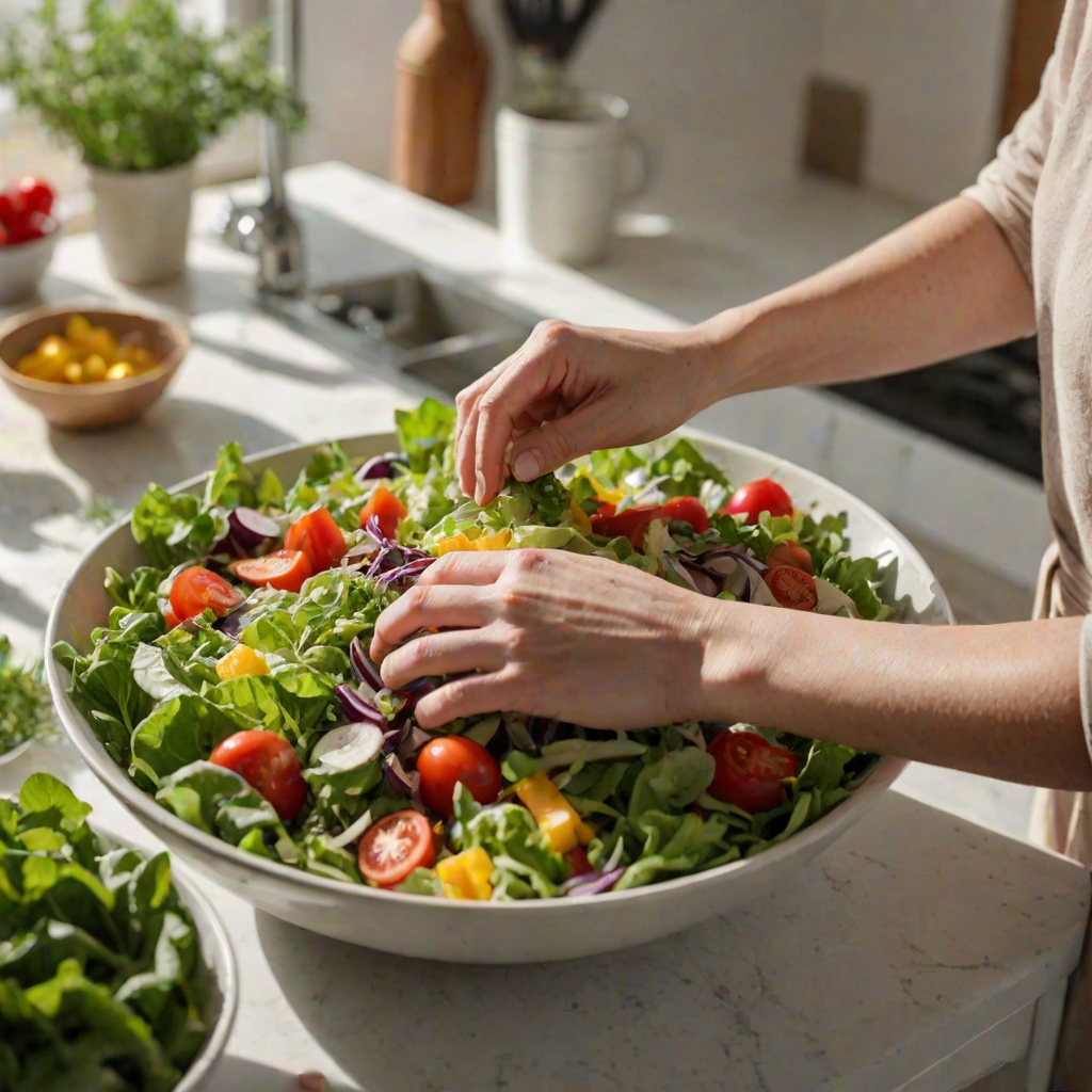 Close-up of a woman’s hands preparing a fresh salad, surrounded by colorful vegetables and herbs, with sunlight streaming through the kitchen window, creating a healthy and inviting culinary scene.