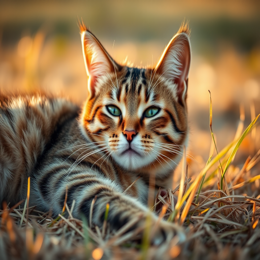 A close-up shot of a relaxed tabby cat lying on dry grass during golden hour, using a DSLR camera with a 50mm f/1.8 lens, aperture set to f/2.8, ISO 100, shutter speed 1/250s, natural light for warm tones and soft focus background.