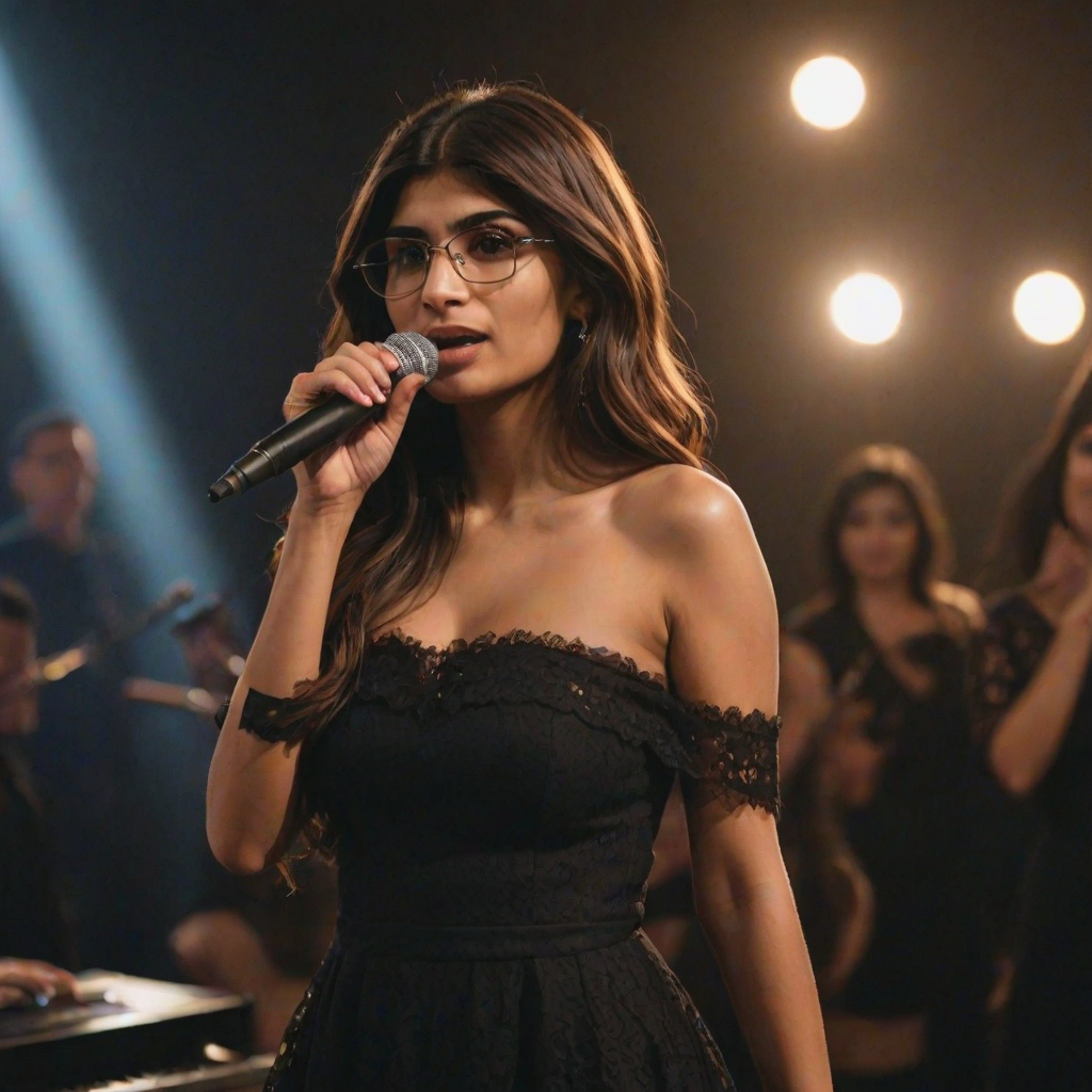 mia khalifa with long, flowing brown hair is standing in the center of the frame, holding a microphone in her right hand, and looking slightly off to the right side of the frame. She is wearing a black, off-the-shoulder dress with delicate lace detailing. The lighting is warm and dramatic, creating a spotlight effect on the singer. There are other figures in the background, blurred and out of focus, suggesting a concert or performance setting. The camera angle is low, capturing the woman from the waist up. The overall atmosphere is intimate and captivating.