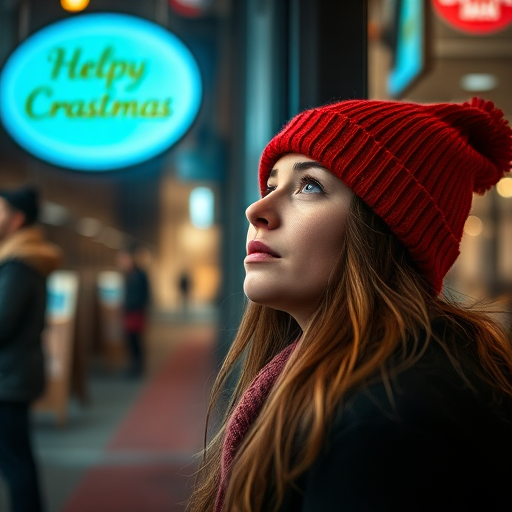 a woman in a red beanie looking up while standing near a shop window at night, softly illuminated, using a Canon EOS R5, 50mm f/1.2 lens, aperture f/1.2, ISO 200, shallow depth of field, 1/100 sec exposure, portrait style photography