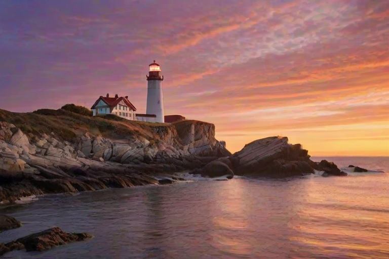 Generate an image of a tall lighthouse perched on a rocky outcrop surrounded by calm ocean waters during a breathtaking sunset. The lighthouse stands sturdy and weathered, its stone surface illuminated by the warm golden light of the setting sun. The sun's rays pass directly through the glass lantern room at the top of the lighthouse, casting a brilliant light across the scene. The sky is painted with vibrant shades of orange, pink, and purple, reflecting off the tranquil sea. The surrounding water shimmers with the same warm hues, creating a serene and majestic atmosphere.