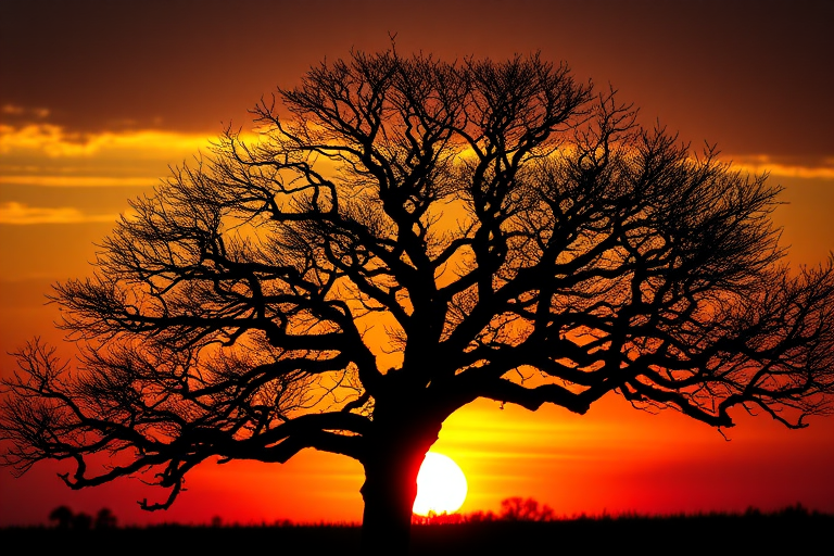 Create a high-quality black silhouette of a tree with intricate branches set against a vibrant sunset background, using a Canon EOS R5 camera with a 50mm lens at f/1.8, ISO 100, and a shutter speed of 1/125s, captured in portrait mode for a dramatic effect.
