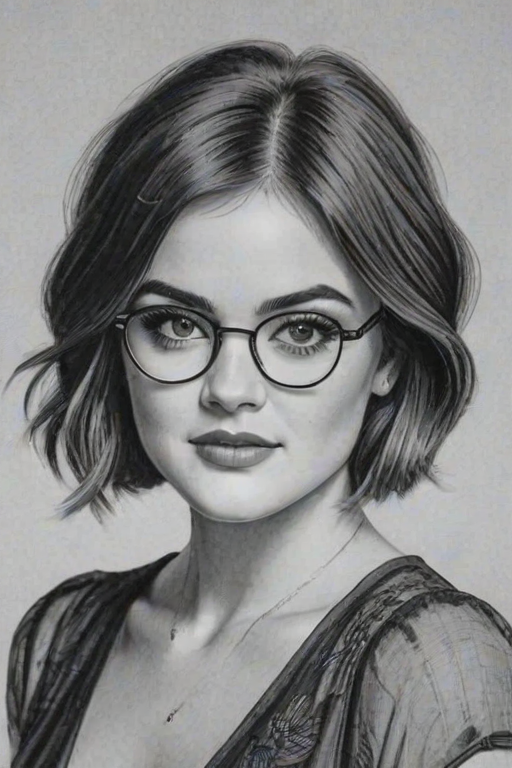 Ravishing Lucy Hale, pencil sketch, portrait of Graceful woman 1928s in glasses, hair style beatnik, outline, clear lines, fine lines, 8k