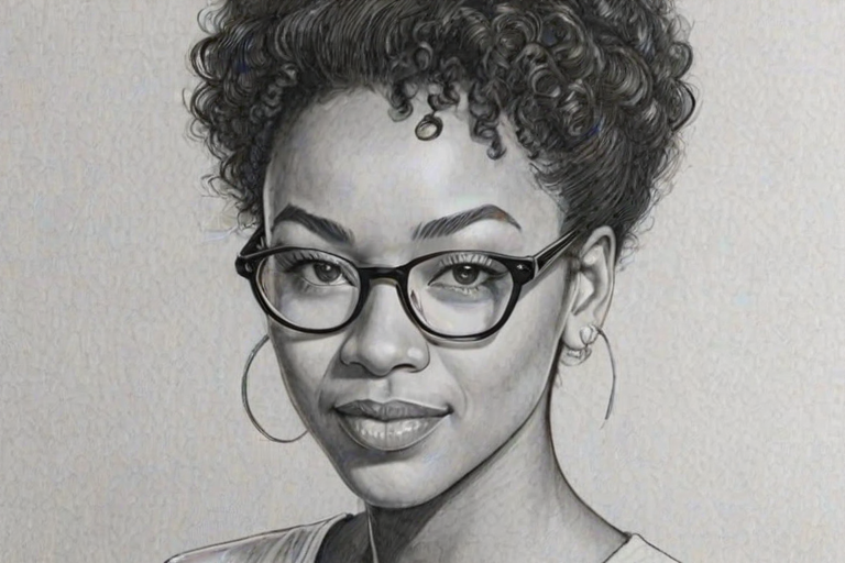 Charming Sonequa Martin-Green, pencil sketch, portrait of Beauteous woman 1932s in glasses, hair style beatnik, outline, clear lines, fine lines, 8k