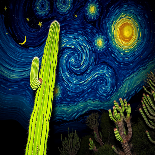 Create a digital artwork inspired by Van Gogh's Starry Night featuring a tall green cactus in the foreground, bright yellow stars and a crescent moon in a deep blue night sky, using a Canon EOS R5 with a 24mm f/1.4 lens, aperture set to f/8 for sharpness, a shallow depth of field, and vibrant color saturation to enhance the image quality.