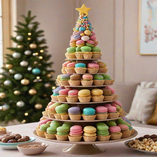 Create an image of a whimsical dessert tower shaped like a Christmas tree. The tower should be decorated with an assortment of colorful macarons, donuts, and ice cream cones. Add popcorn and various candies in pastel shades, with a drizzling of chocolate on the base. The overall look should be festive and playful, evoking a sense of celebration and joy.