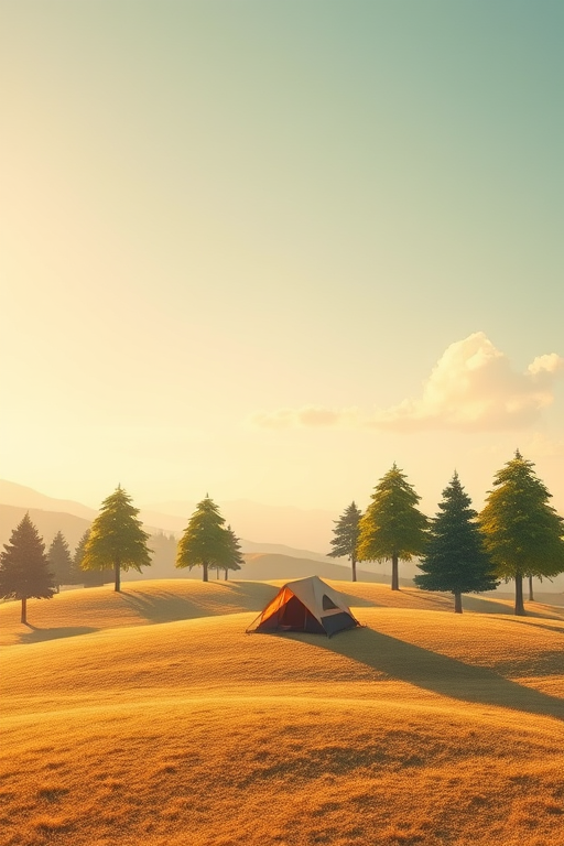 Create a bright, stylized landscape featuring a tent among geometric trees on rolling hills under a gradient sky with soft clouds, captured with a DSLR camera at f/8, ISO 100, 50mm lens, and a wide-angle view to enhance depth and detail.