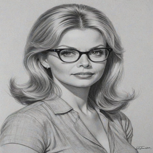 Dazzling Faith Ford, pencil sketch, portrait of Bewitching woman 1959s in glasses, hair style beatnik, outline, clear lines, fine lines, 8k