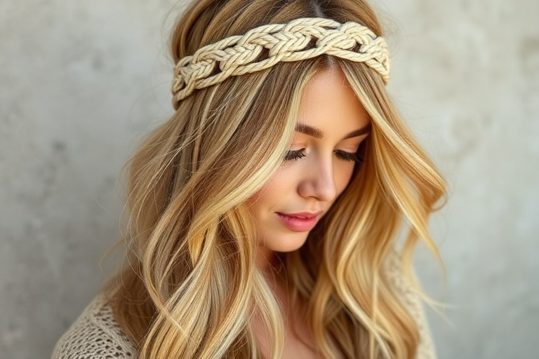 Bohemian-inspired long layers in warm honey blonde, styled with loose beachy waves and adorned with a macramé headband, perfect for free-spirited souls