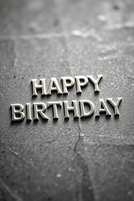 Create an image of the text "HAPPY BIRTHDAY" in an embossed style on a textured background, using a shallow depth of field with a DSLR camera set to f/2.8, ISO 100, 50mm lens, natural light, and a slight bokeh effect to enhance the focus on the text.