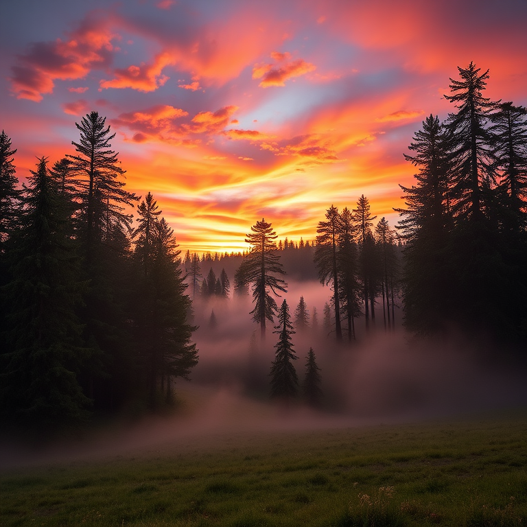 A high-resolution image of a serene forest landscape during sunrise, capturing vivid colors in the sky and soft mist rising from the ground, shot with a Canon EOS 5D Mark IV at f/8, 1/125s, ISO 100, using a wide-angle lens, with a focus on depth and clarity.